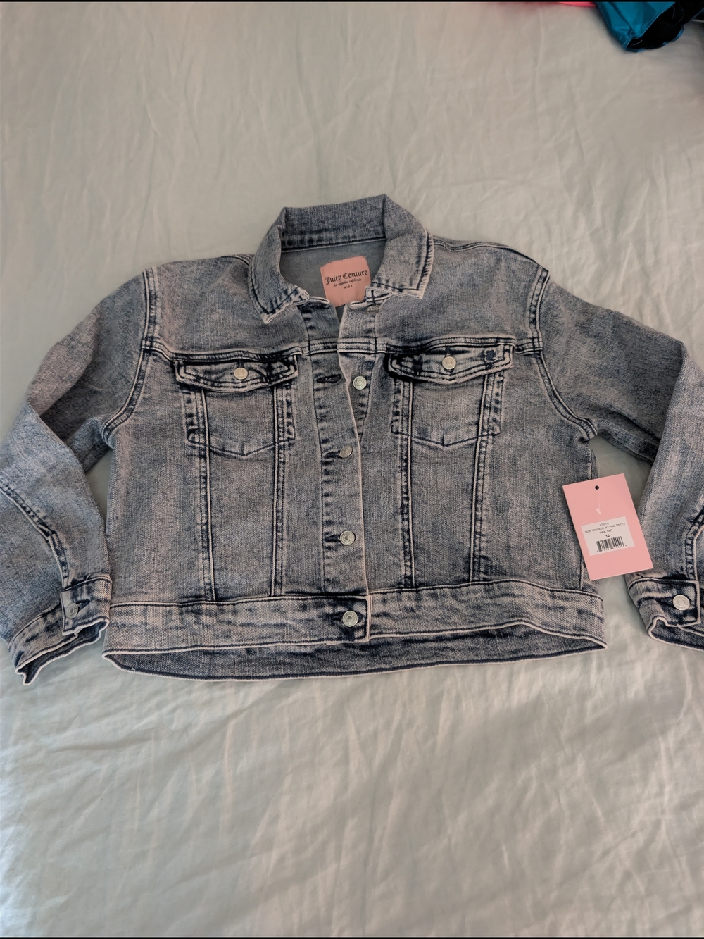 NWT Juicy Couture Kids Pink Tint Acid Wash Denim Trucker Jacket Size 12